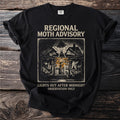 T-shirt with "REGIONAL MOTH ADVISORY" and a house covered in moths.