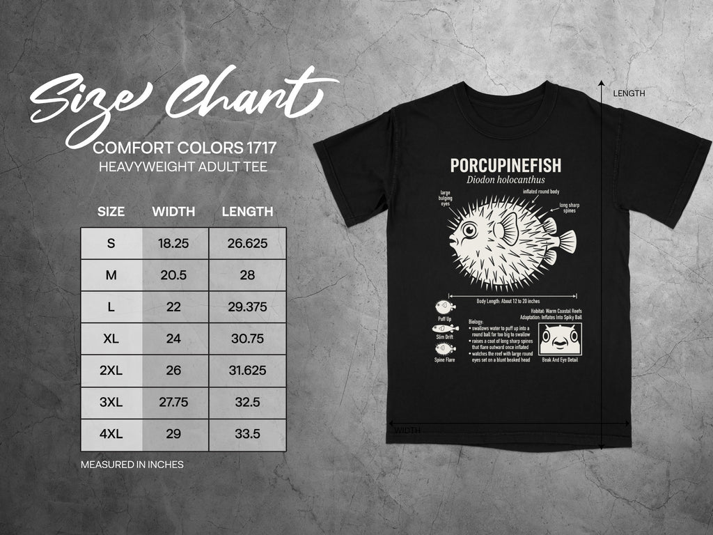 Comfort Colors 1717 heavyweight adult tee size chart with porcupinefish graphic.