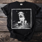 Black t-shirt with a graphic of a shaggy dog sitting next to a beer.