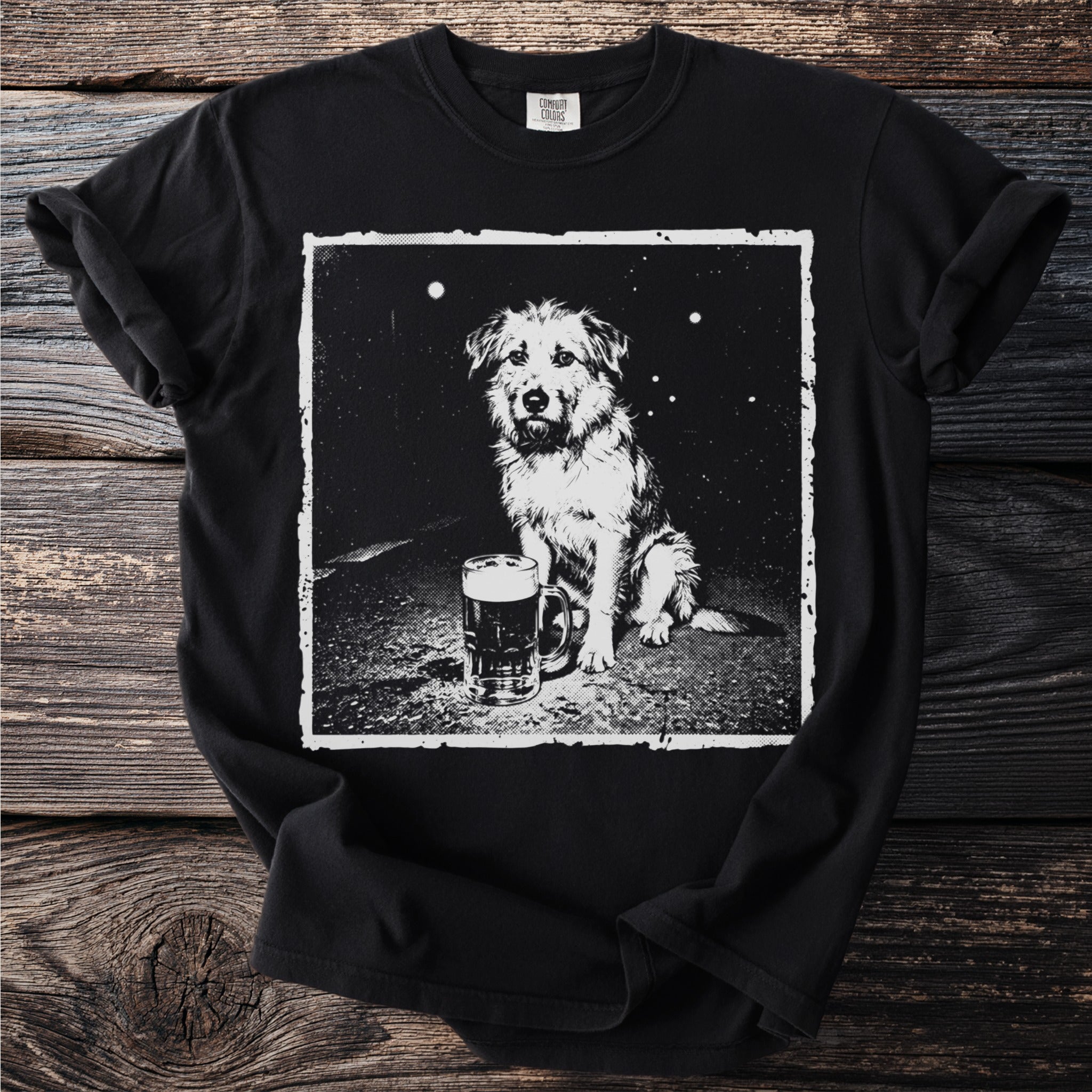 Black t-shirt with a graphic of a shaggy dog sitting next to a beer.
