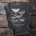 T-shirt with detailed moth illustrations including Luna, Cecropia, and Death's-head Hawkmoth.