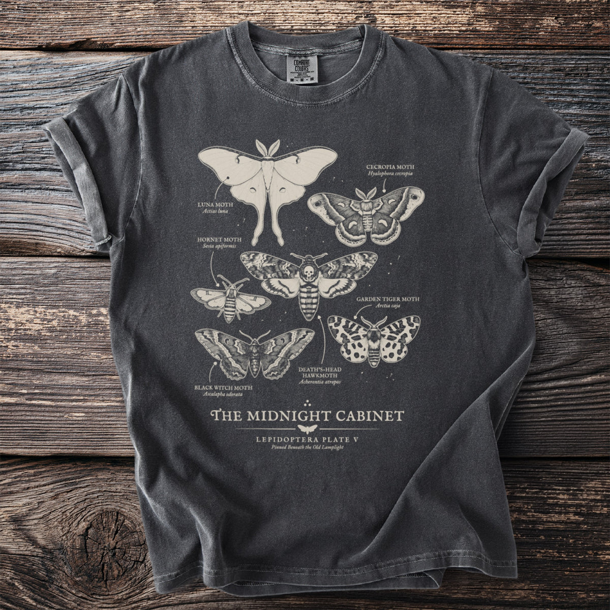 T-shirt with detailed moth illustrations including Luna, Cecropia, and Death's-head Hawkmoth.