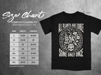 Black t-shirt with "All Plants Are Edible Some Only Once" graphic and size chart.