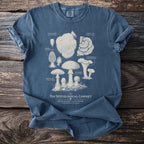 Blue t-shirt with illustrated fungi: Lion's Mane, Morel, Death Cap, Fly Agaric, Chanterelle, Turkey Tail.