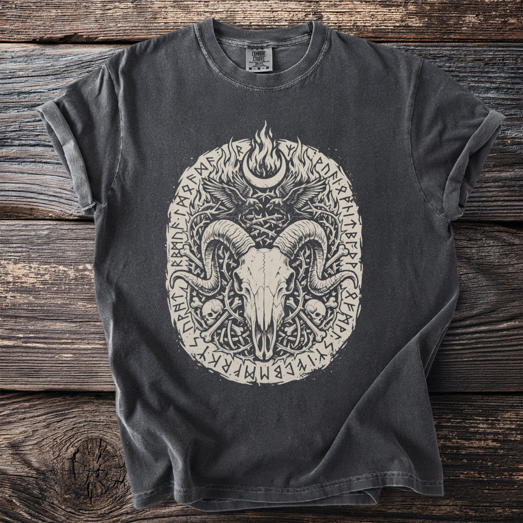 T-shirt with a detailed graphic of a ram skull, moons, ravens, and runes.