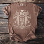 Brown t-shirt with Nordic gate, wolf, and eagle graphic.