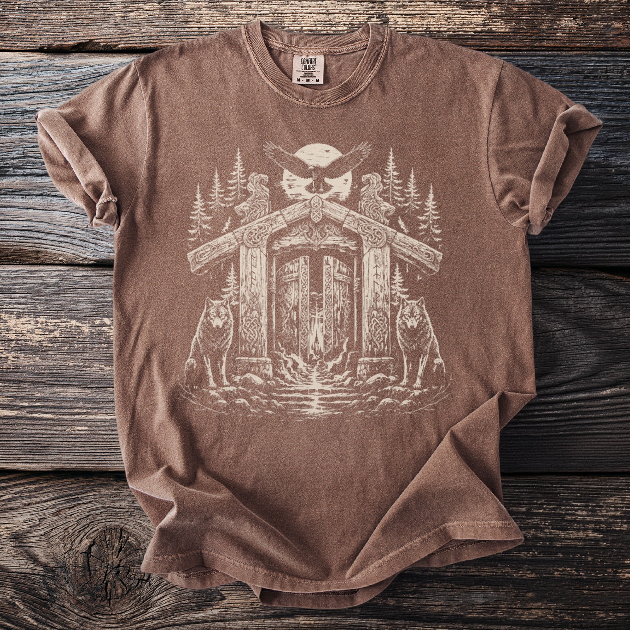 Brown t-shirt with Nordic gate, wolf, and eagle graphic.