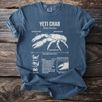Blue t-shirt with white graphic of a yeti crab, its features labeled.
