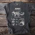 Dark grey t-shirt with an illustration and facts about the numbat.