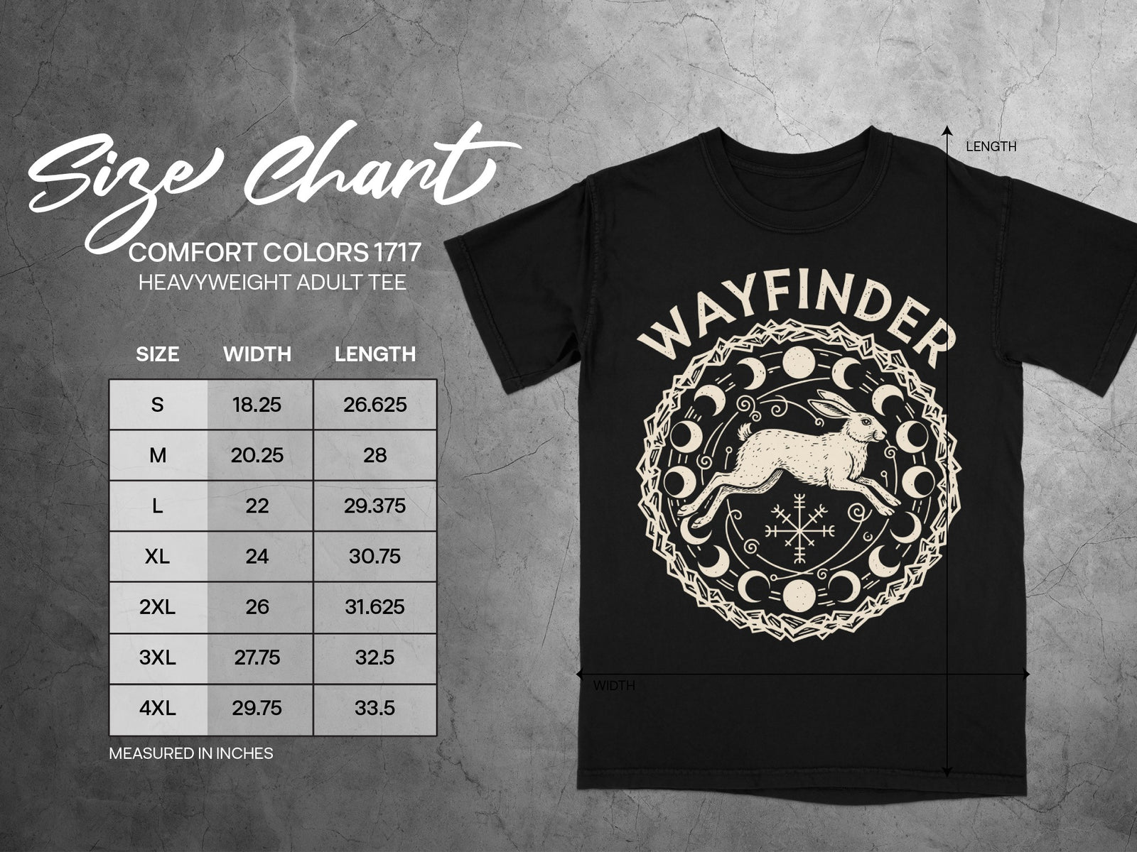 Comfort Colors 1717 heavyweight adult tee size chart with Wayfinder graphic.