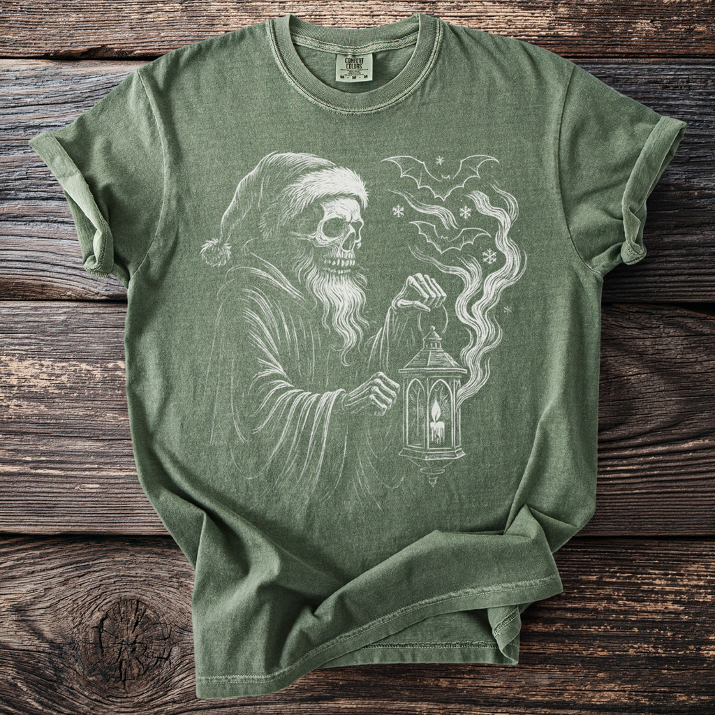 Green t-shirt with a drawing of a skeleton grim reaper holding a lantern.