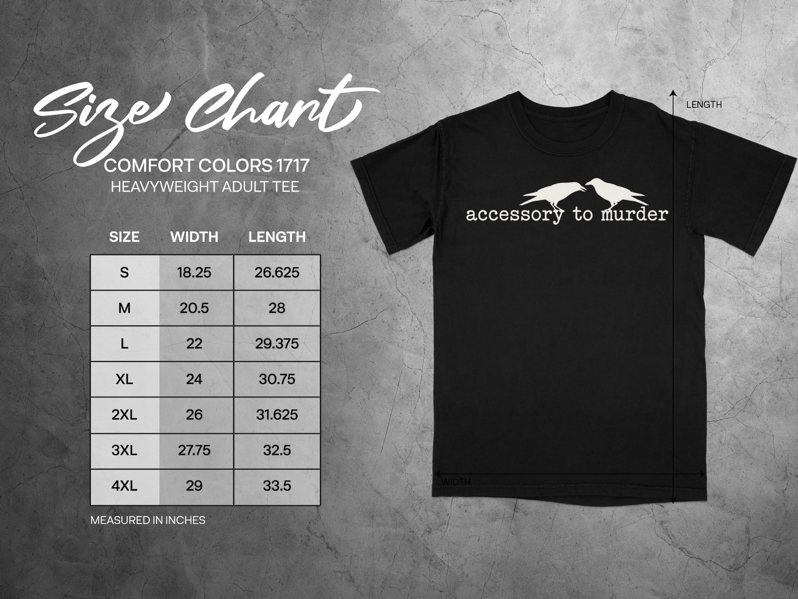 Comfort Colors heavyweight adult tee size chart with width and length measurements in inches.