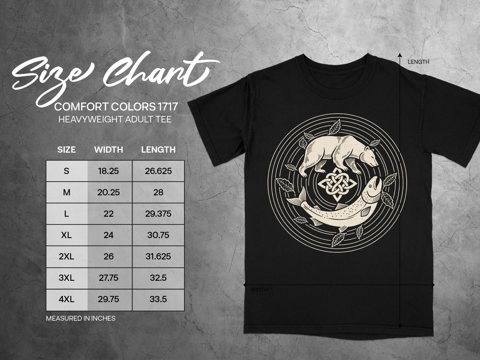 Comfort Colors 1717 heavyweight adult tee size chart with width and length measurements.