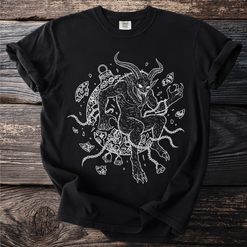 Black t-shirt with a white illustration of a horned creature, chains, and bells.