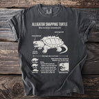 Dark t-shirt with alligator snapping turtle diagram and facts.