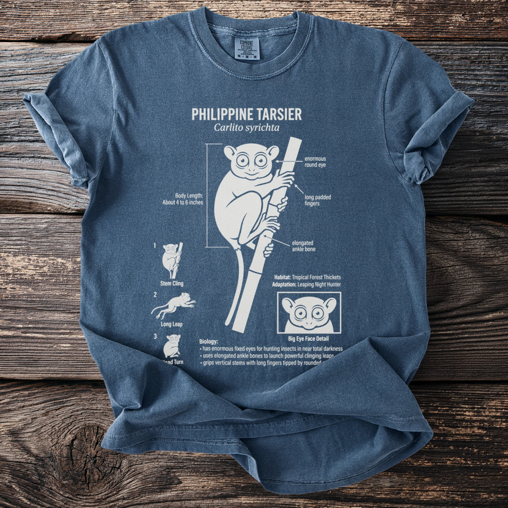 Philippine Tarsier t-shirt with a diagram and facts about the animal's features.