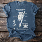 Philippine Tarsier t-shirt with a diagram and facts about the animal's features.