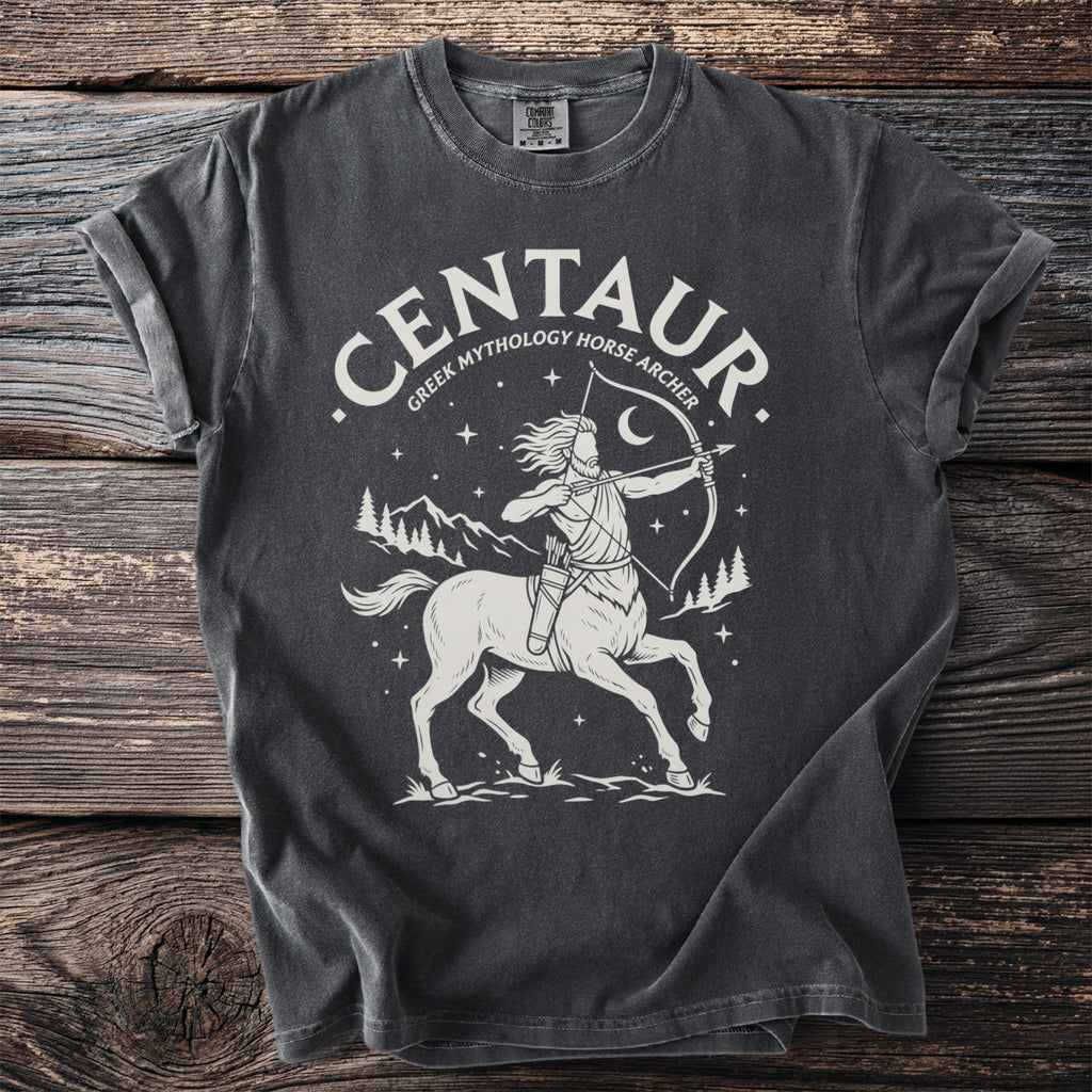 Centaur Greek mythology horse archer graphic on charcoal t-shirt.