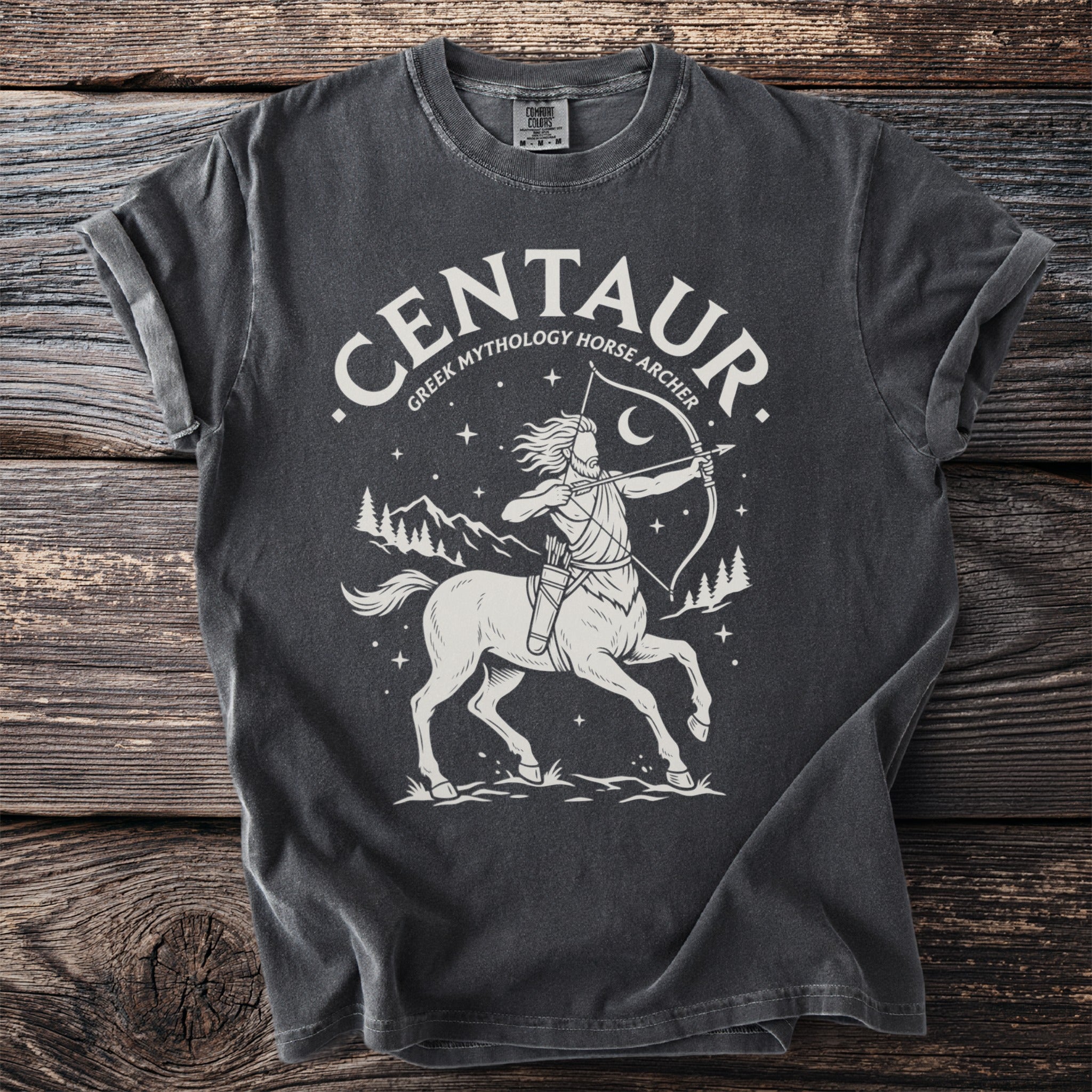 Centaur Greek mythology horse archer graphic on charcoal t-shirt.