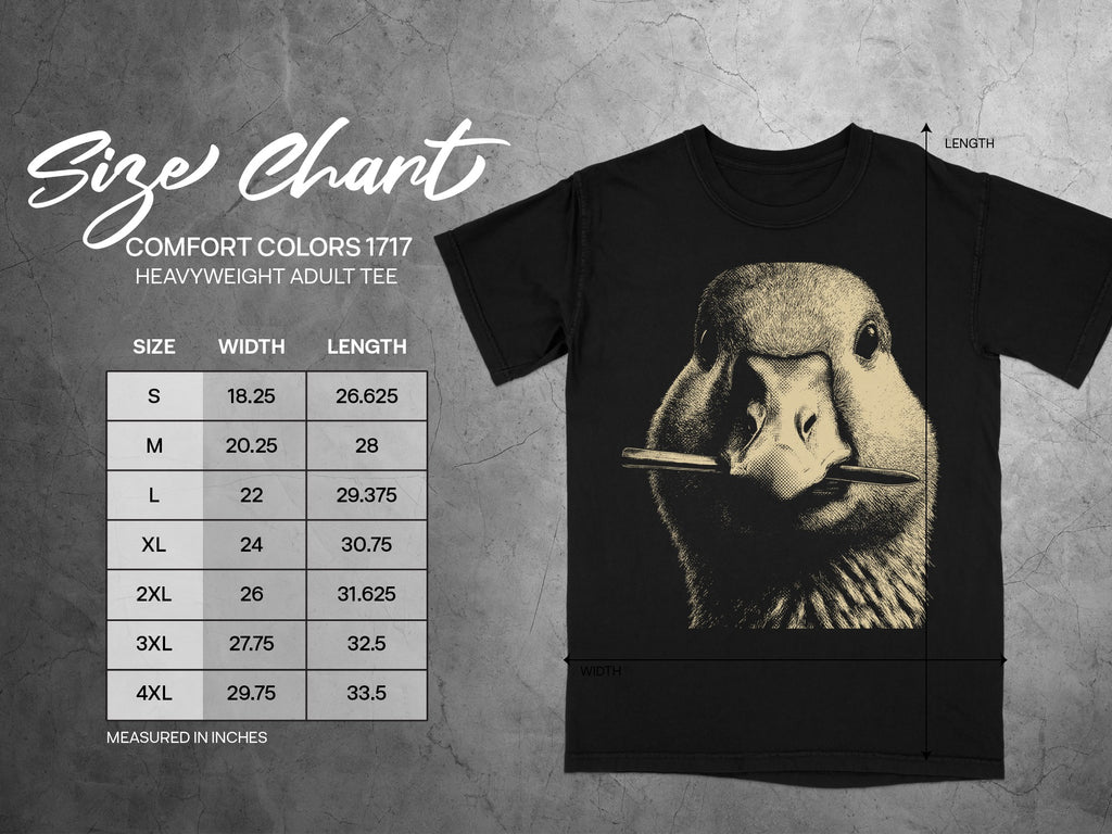 Comfort Colors 1717 heavyweight adult tee size chart with duck graphic.