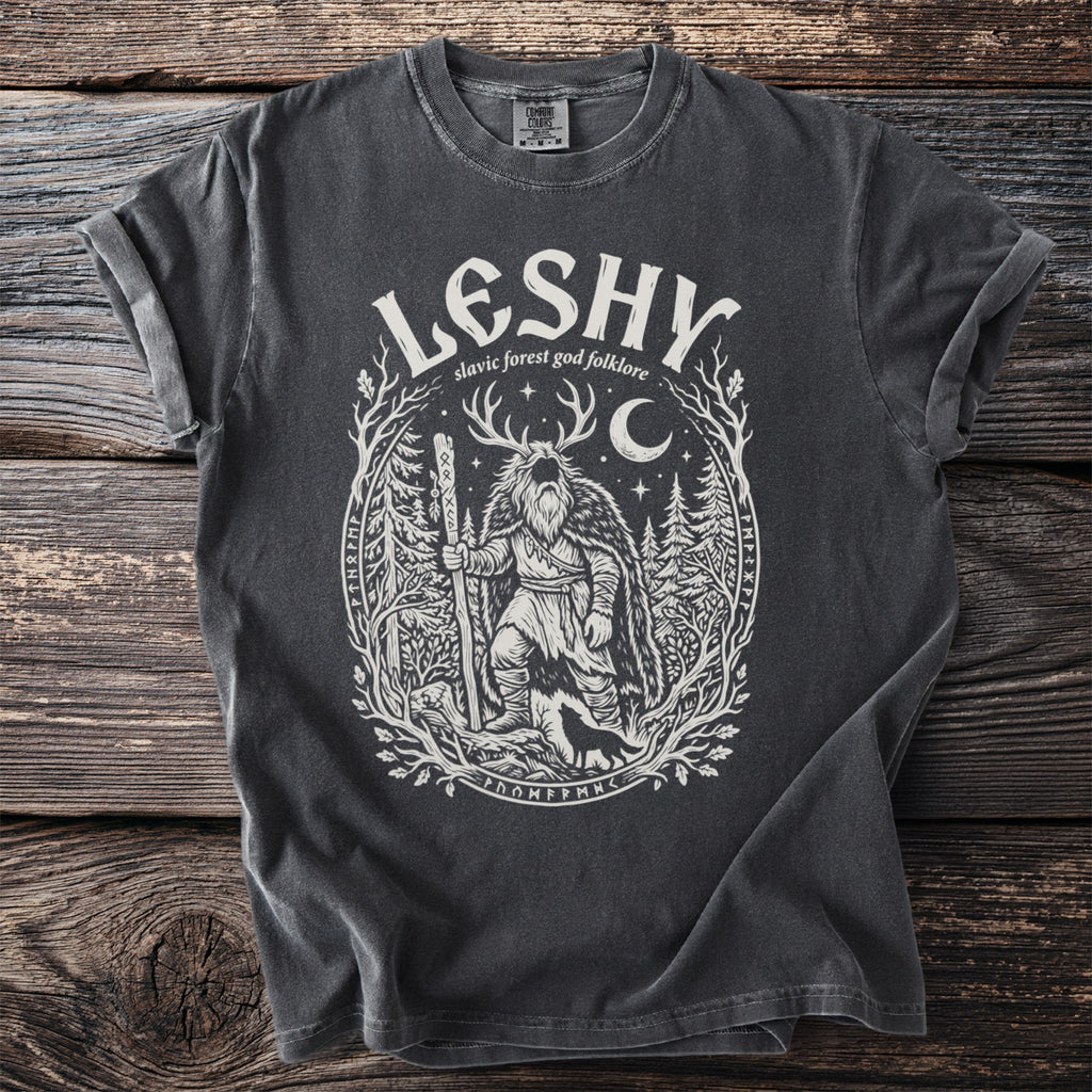 Dark grey t-shirt with Leshy Slavic forest god folklore design and runes.