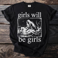 Black t-shirt with white text and illustration of a mermaid pulling a man from water.