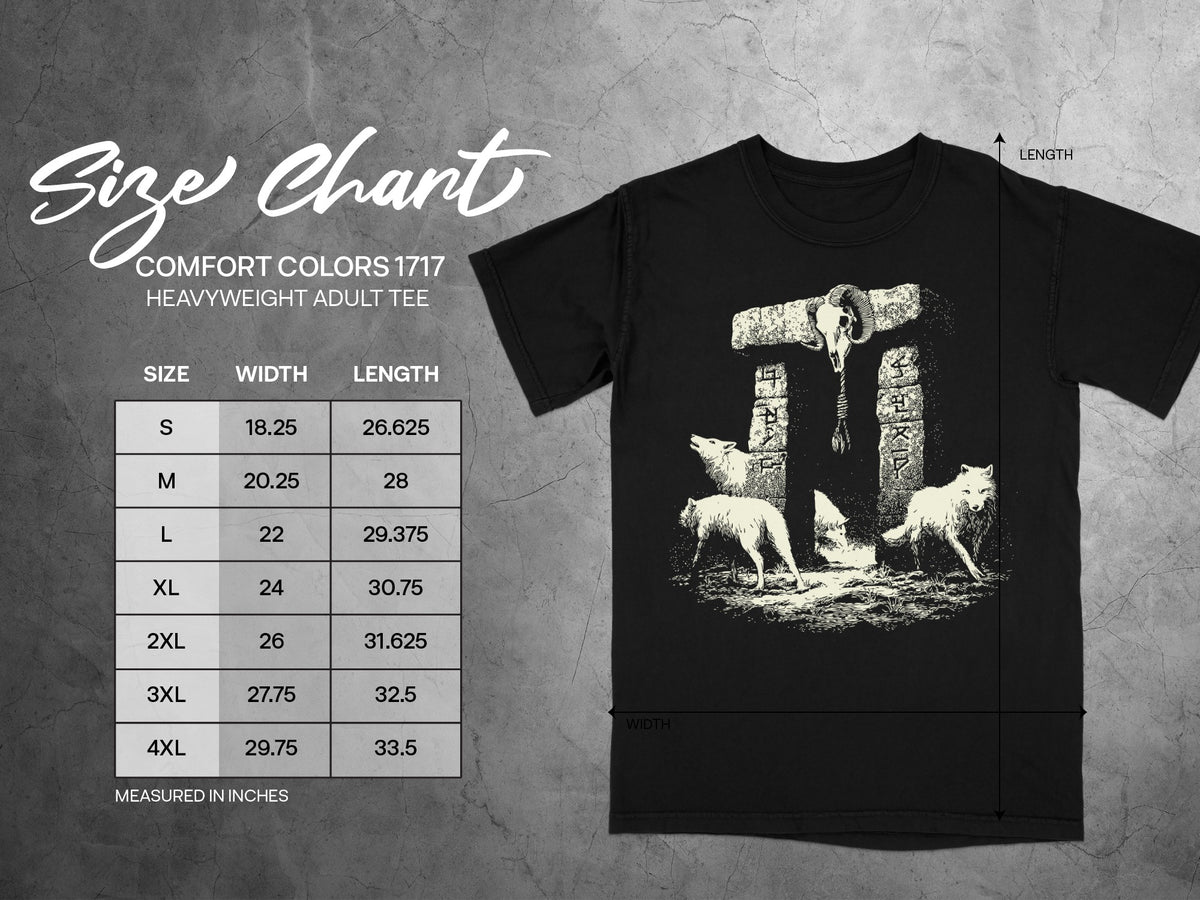 Comfort Colors 1717 heavyweight adult tee size chart with width and length measurements in inches.