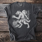 Werewolf illustration on dark gray t-shirt with moonlight and hunters.