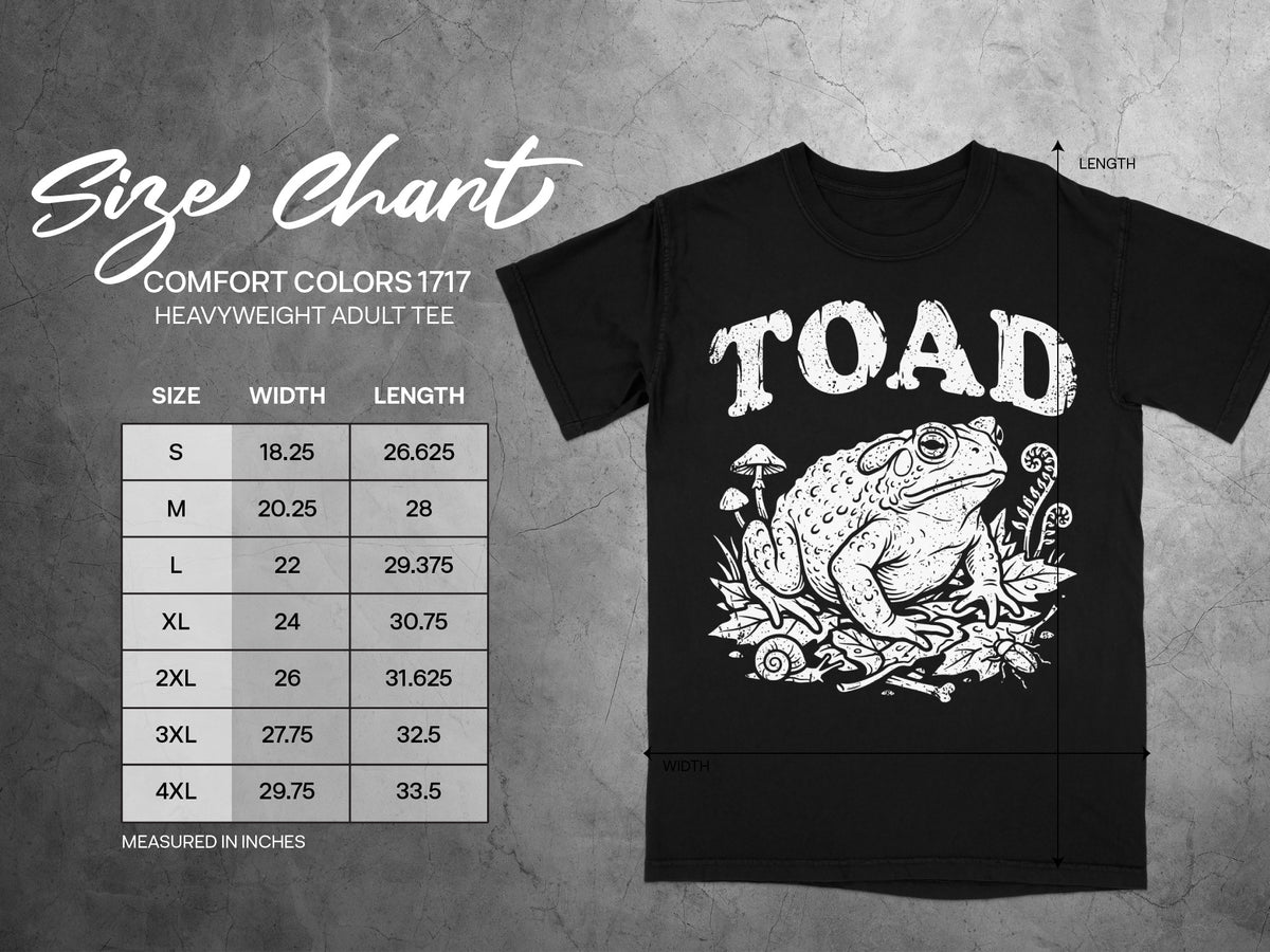 Black t-shirt size chart with frog graphic and text "TOAD".