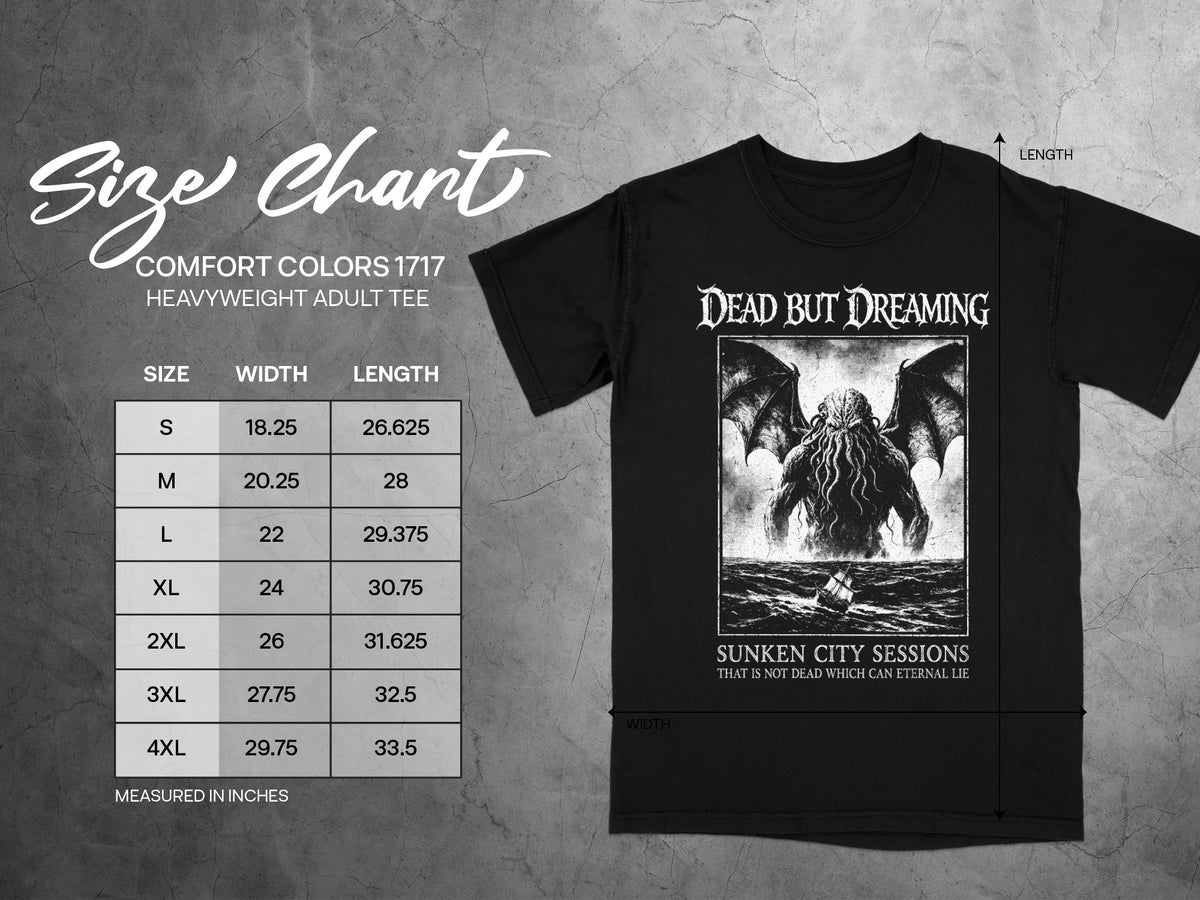 Comfort Colors 1717 size chart with black t-shirt featuring "Dead But Dreaming" graphic.