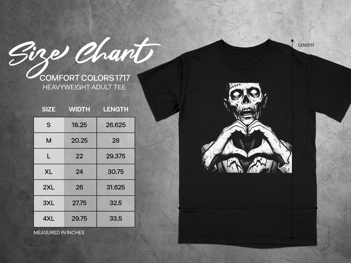 Comfort Colors 1717 heavyweight adult tee size chart with width and length measurements.