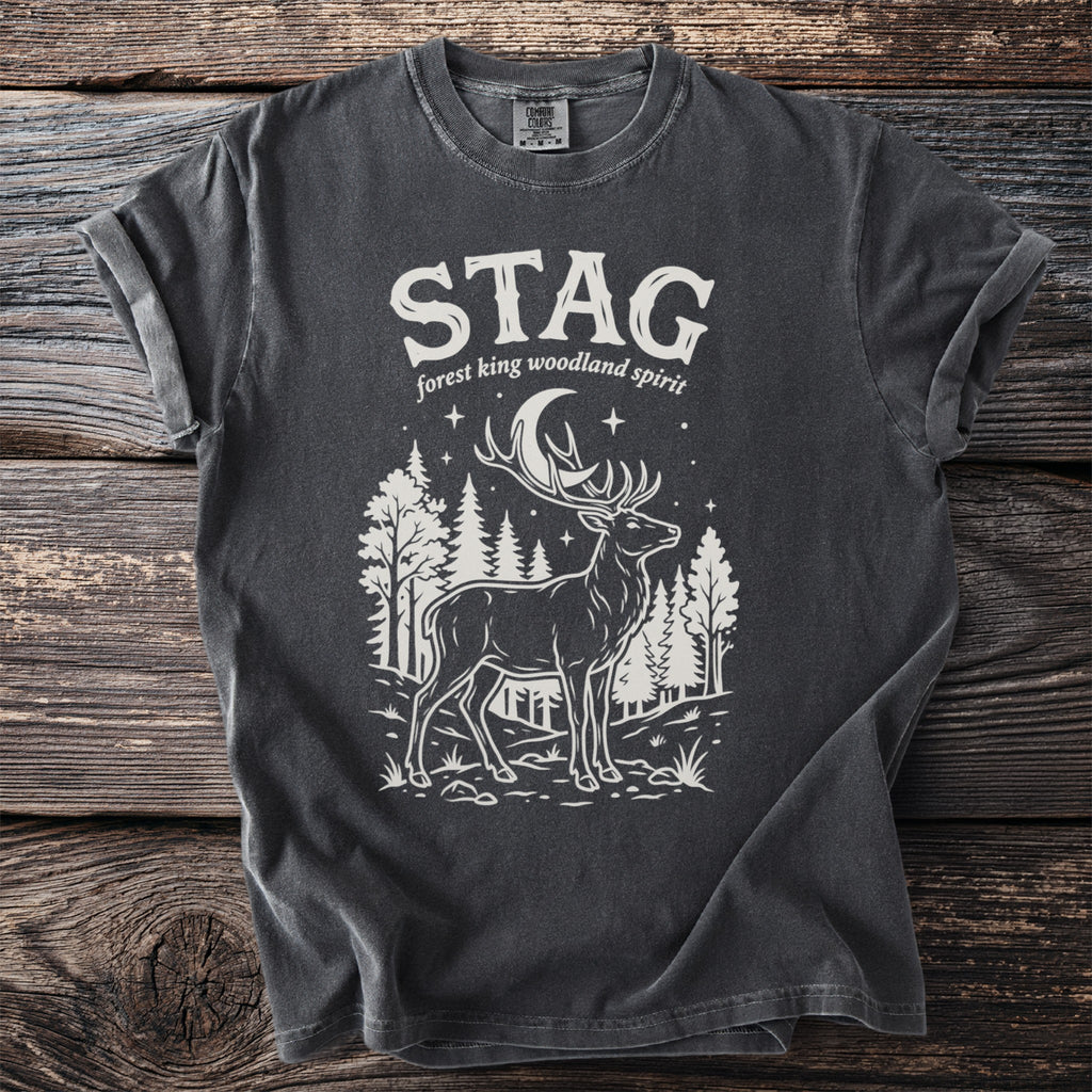 Dark grey t-shirt with white stag graphic and text.