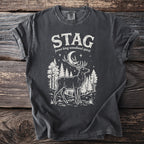 Dark grey t-shirt with white stag graphic and text.