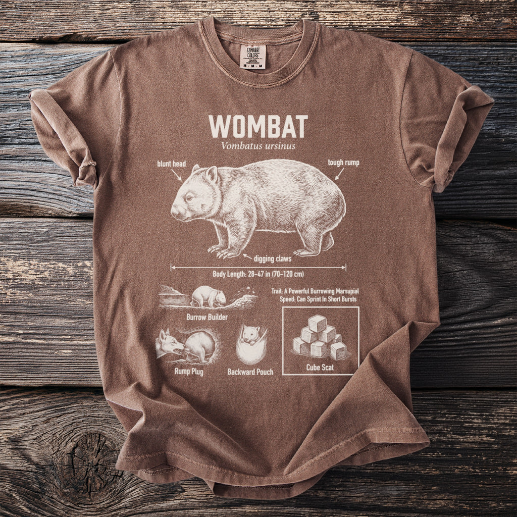 Brown t-shirt with an illustration and facts about wombats.