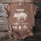 Brown t-shirt with an illustration and facts about wombats.