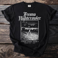 Black t-shirt with "Fresno Nightcrawler West Coast Tour" text and nighttime backyard graphic.
