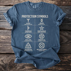 Blue t-shirt with "Protection Symbols" and six illustrated symbols with names and meanings.