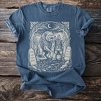 T-shirt graphic with Fenrir wolf, Viking, chains, runes, and moon.