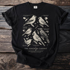 Black t-shirt with "The Songbird Cabinet" illustration featuring six labeled American songbirds.