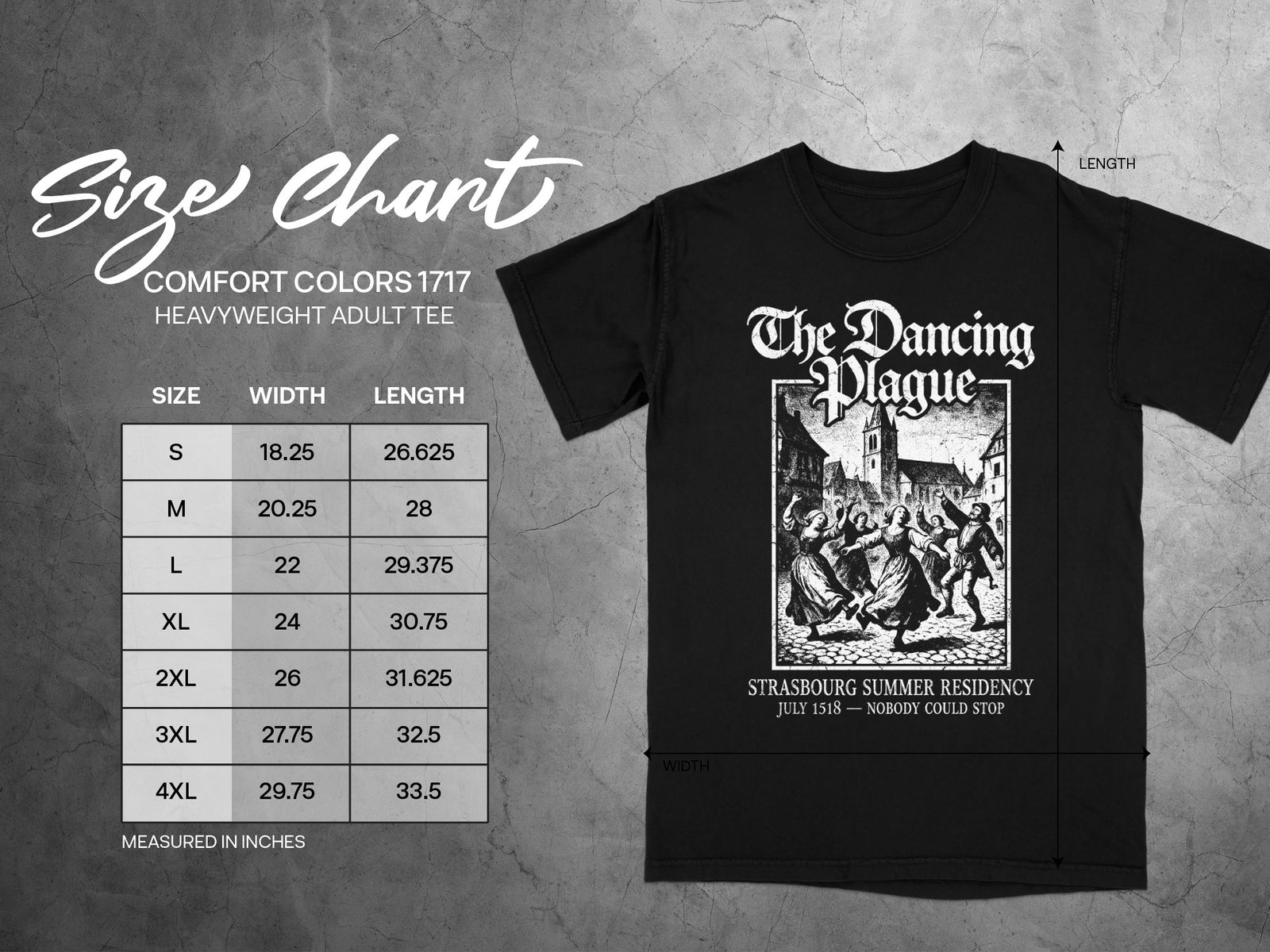 Black t-shirt size chart for Comfort Colors 1717 heavyweight adult tee.