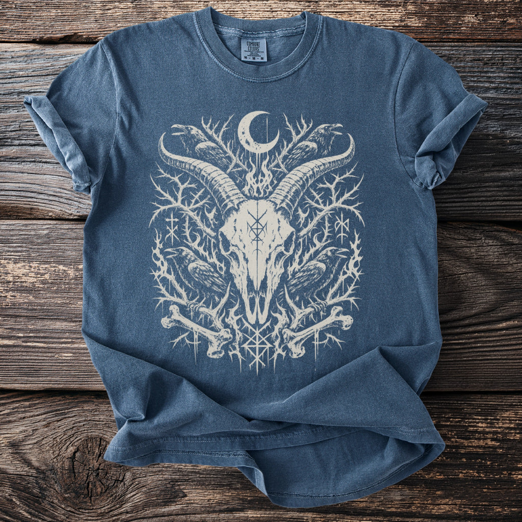 Blue t-shirt with goat skull, ravens, moon, and runes graphic.