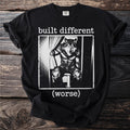 Black t-shirt with "built different (worse)" text and a wolf graphic.