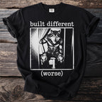 Black t-shirt with "built different (worse)" text and a wolf graphic.