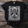 Black t-shirt with a white graphic of a werewolf in a forest under a full moon.