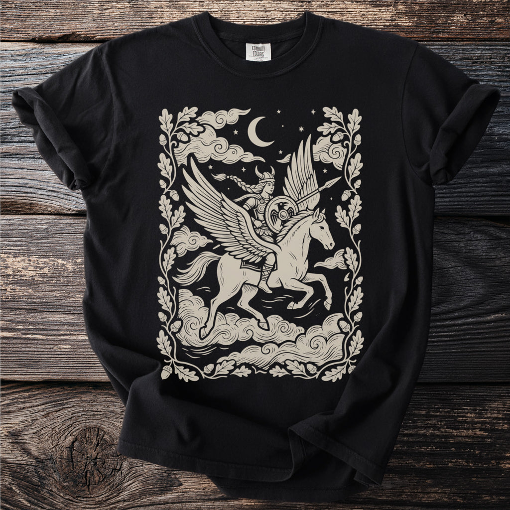 Black t-shirt with graphic of winged horse, warrior, moon, and oak leaves.