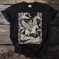 Black t-shirt with graphic of winged horse, warrior, moon, and oak leaves.