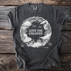 T-shirt with white graphic of unusual sea creatures and text "Love the Unloved".