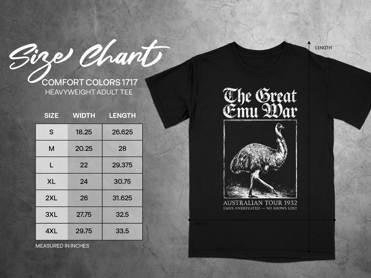 Size chart for black Comfort Colors 1717 heavyweight adult tee with Emu War graphic.
