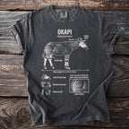 Okapi diagram on a charcoal t-shirt showing anatomy and its striped legs.