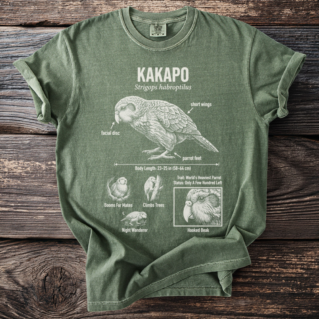 Green t-shirt featuring a Kakapo illustration with anatomical labels and status.